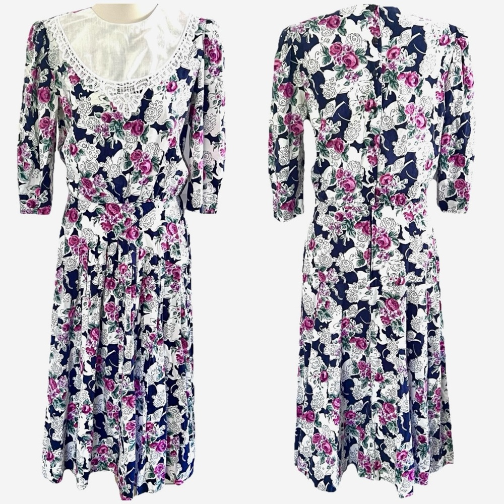 Vintage Lisa II Blue White Floral Bib Collar Cottagecore Midi Dress Womens sz L
